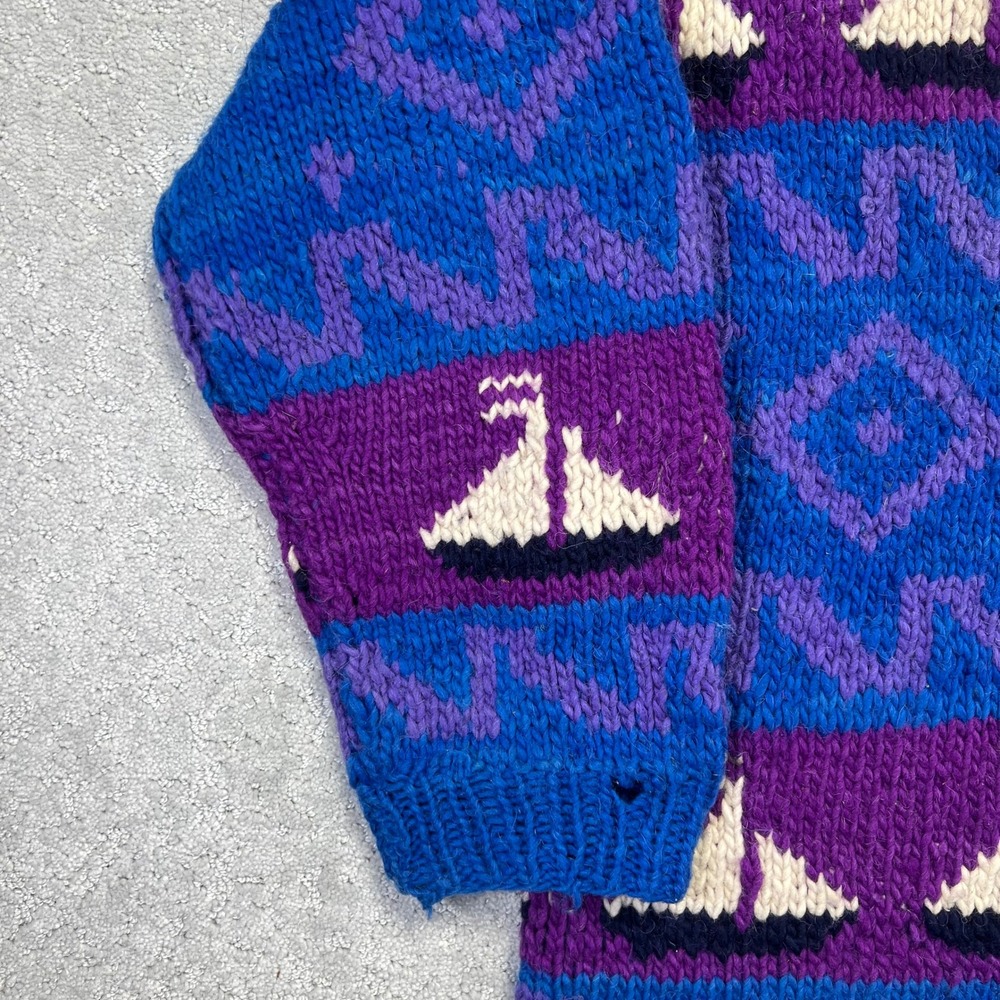 Vintage Hand Made Wool Sweater L/XL?? Sailboat Nautical Knit Blue Chunky Ecuador - Picture 7 of 16